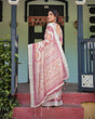 Load image into Gallery viewer, Cream and Maroon Geometric Printed Pure Cotton Linen Saree with Blouse and Tassels LINEN