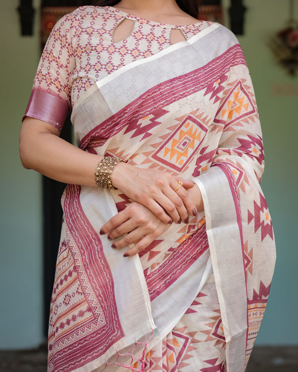 Cream and Maroon Geometric Printed Pure Cotton Linen Saree with Blouse and Tassels LINEN
