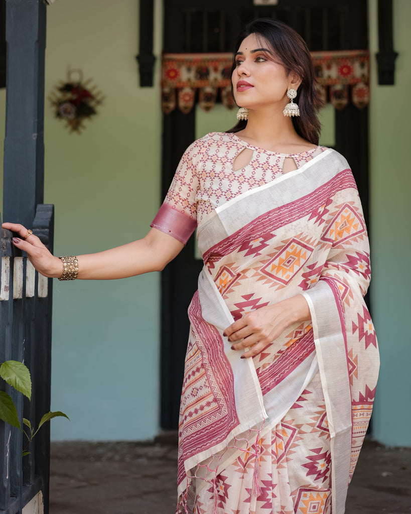 Cream and Maroon Geometric Printed Pure Cotton Linen Saree with Blouse and Tassels LINEN