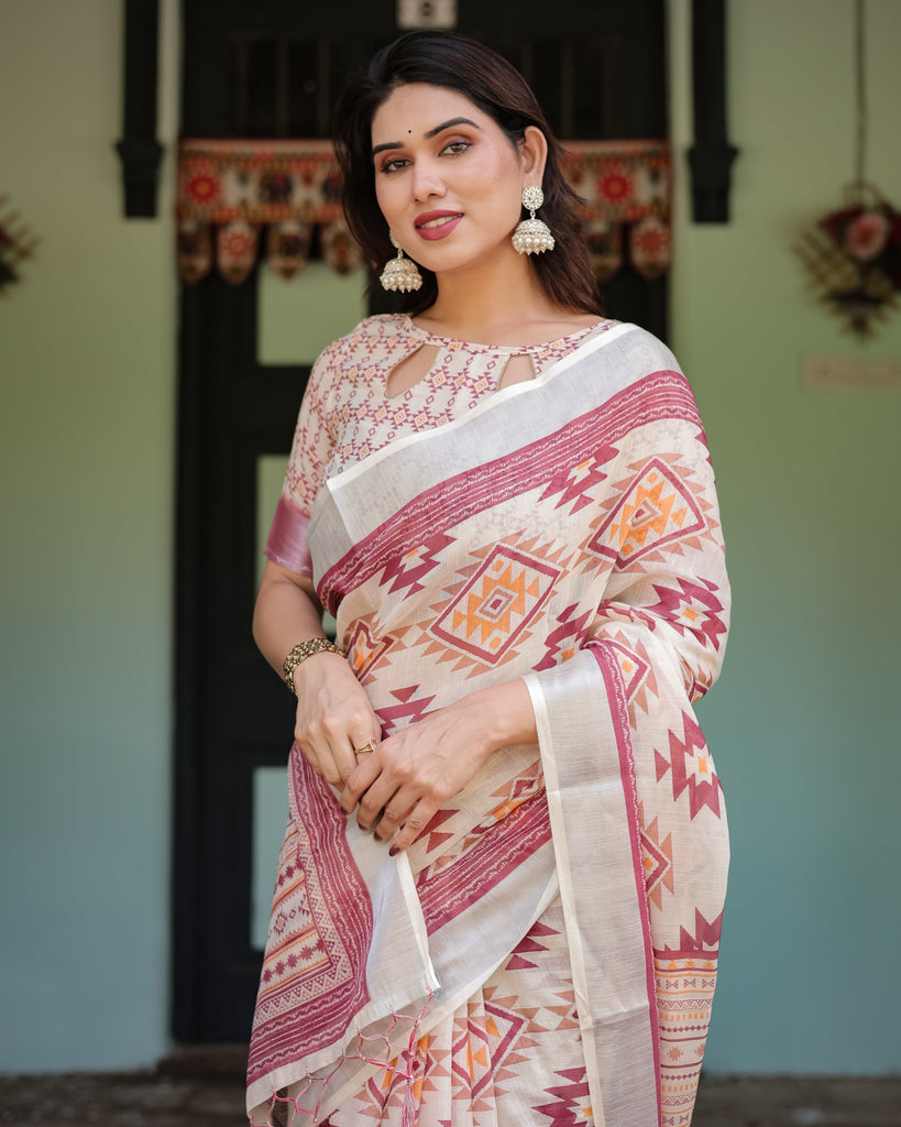 Cream and Maroon Geometric Printed Pure Cotton Linen Saree with Blouse and Tassels LINEN