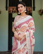 Load image into Gallery viewer, Cream and Maroon Geometric Printed Pure Cotton Linen Saree with Blouse and Tassels LINEN