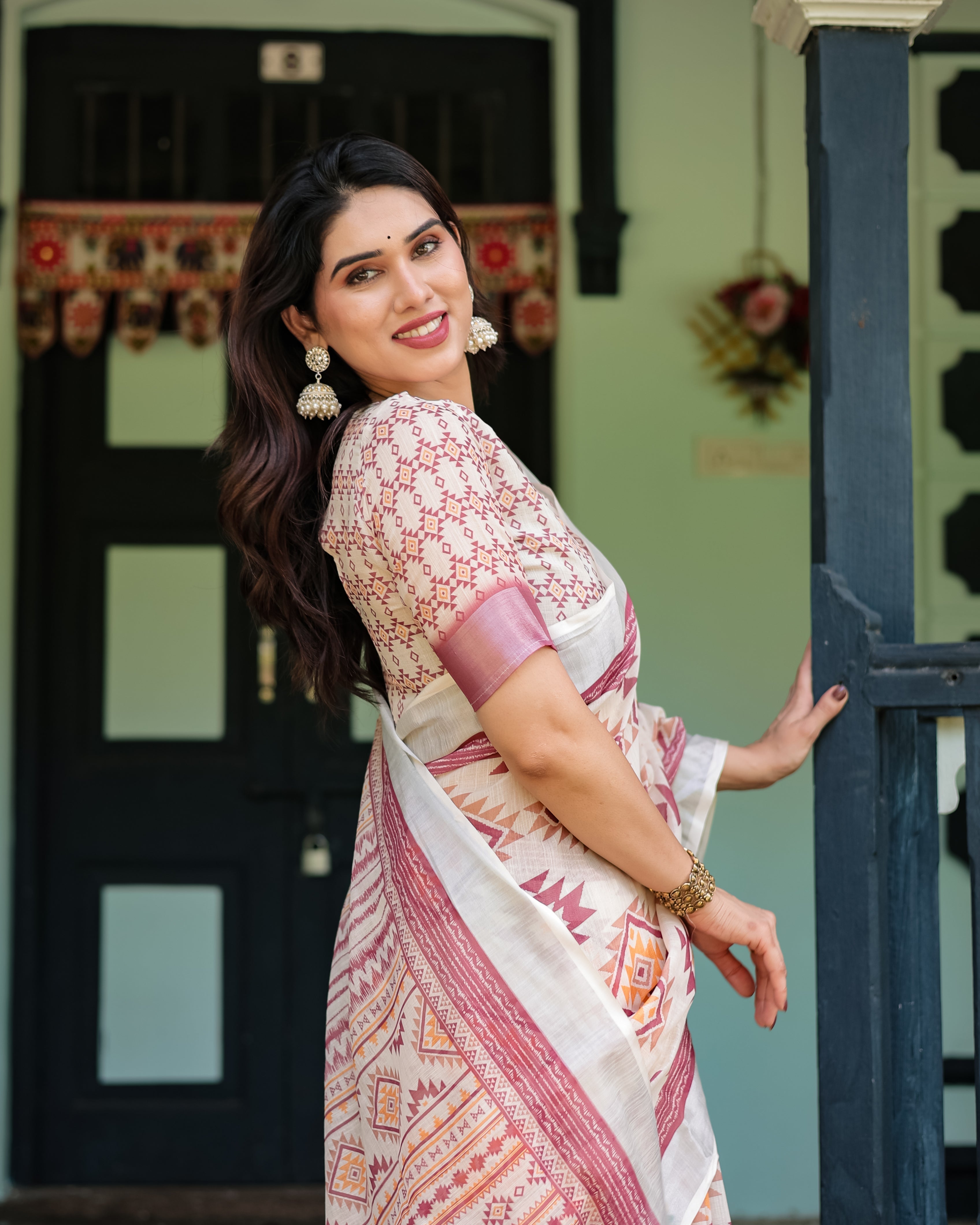 Cream and Maroon Geometric Printed Pure Cotton Linen Saree with Blouse and Tassels LINEN