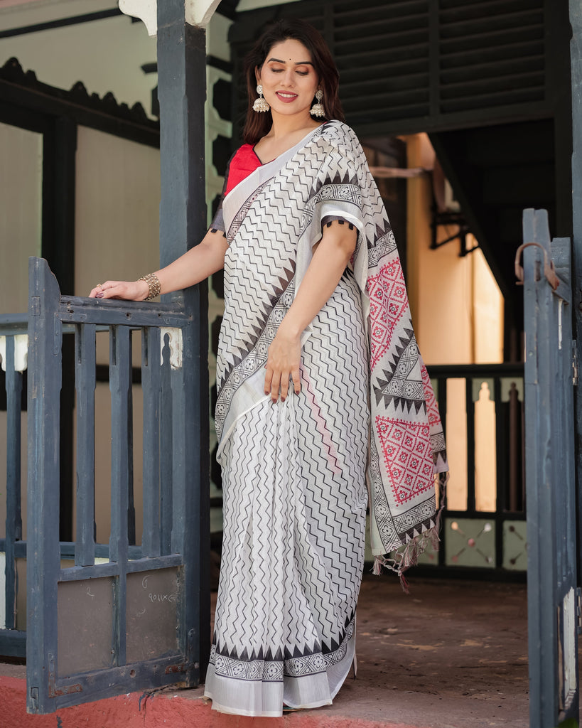 Black and White Geometric Pattern Pure Cotton Linen Saree with Red Accents, Blouse, and Tassel Details LINEN