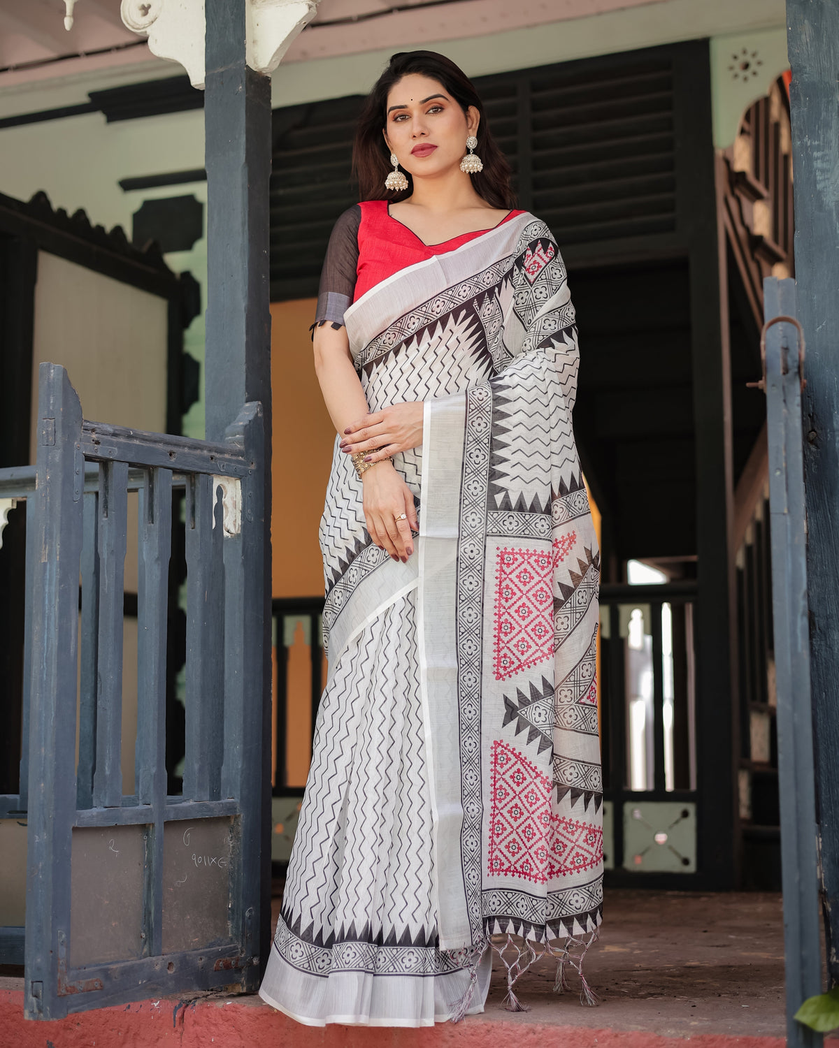 Black and White Geometric Pattern Pure Cotton Linen Saree with Red Accents, Blouse, and Tassel Details LINEN Main image