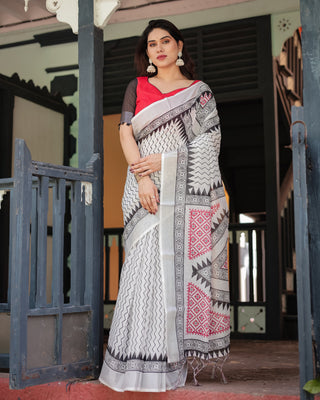 Black and White Geometric Pattern Pure Cotton Linen Saree with Red Accents, Blouse, and Tassel Details LINEN