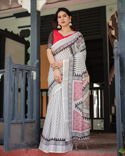 Black and White Geometric Pattern Pure Cotton Linen Saree with Red Accents, Blouse, and Tassel Details LINEN Main image