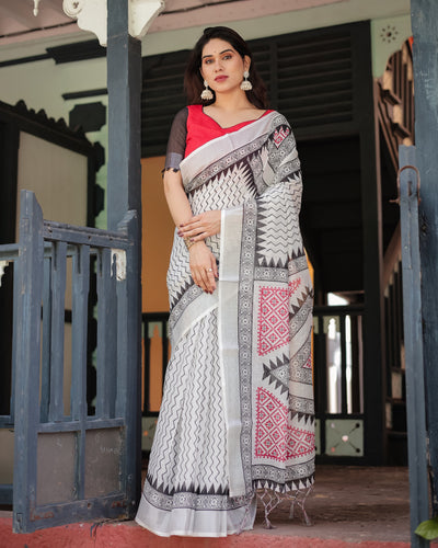 Black and White Geometric Pattern Pure Cotton Linen Saree with Red Accents, Blouse, and Tassel Details LINEN