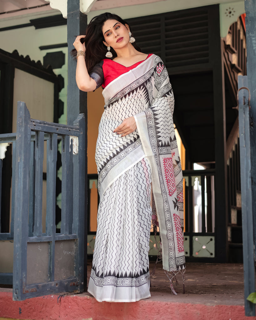 Black and White Geometric Pattern Pure Cotton Linen Saree with Red Accents, Blouse, and Tassel Details LINEN