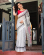 Load image into Gallery viewer, Black and White Geometric Pattern Pure Cotton Linen Saree with Red Accents, Blouse, and Tassel Details LINEN
