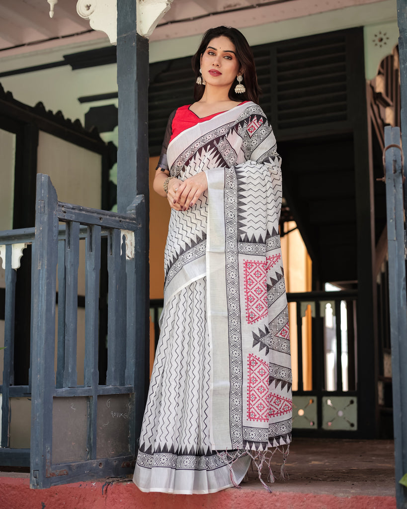 Black and White Geometric Pattern Pure Cotton Linen Saree with Red Accents, Blouse, and Tassel Details LINEN