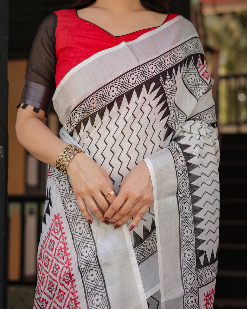 Black and White Geometric Pattern Pure Cotton Linen Saree with Red Accents, Blouse, and Tassel Details LINEN