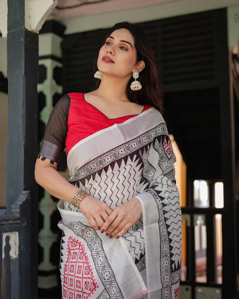 Black and White Geometric Pattern Pure Cotton Linen Saree with Red Accents, Blouse, and Tassel Details LINEN