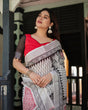 Load image into Gallery viewer, Black and White Geometric Pattern Pure Cotton Linen Saree with Red Accents, Blouse, and Tassel Details LINEN