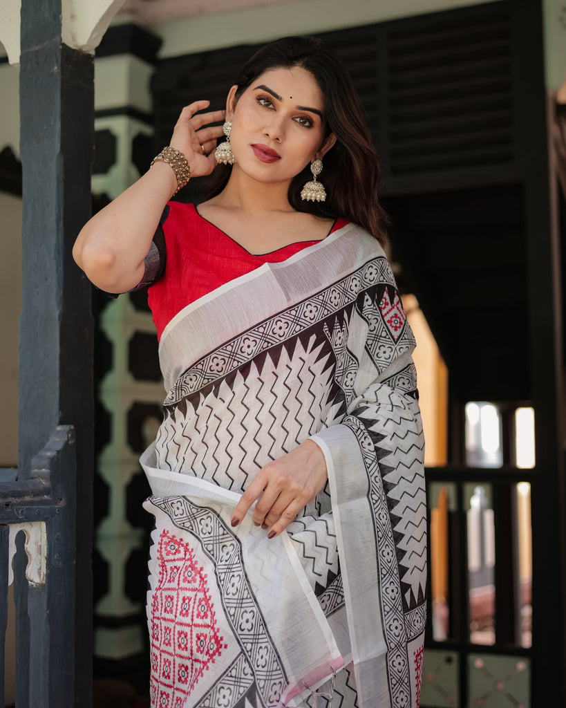 Black and White Geometric Pattern Pure Cotton Linen Saree with Red Accents, Blouse, and Tassel Details LINEN