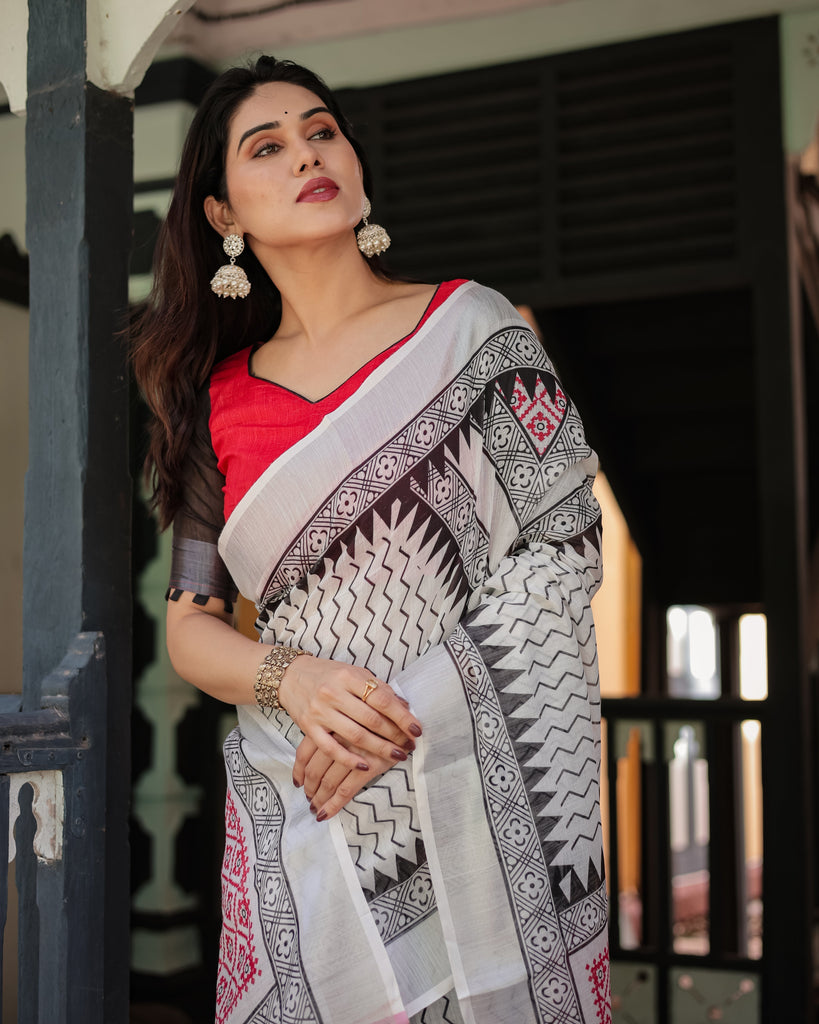 Black and White Geometric Pattern Pure Cotton Linen Saree with Red Accents, Blouse, and Tassel Details LINEN