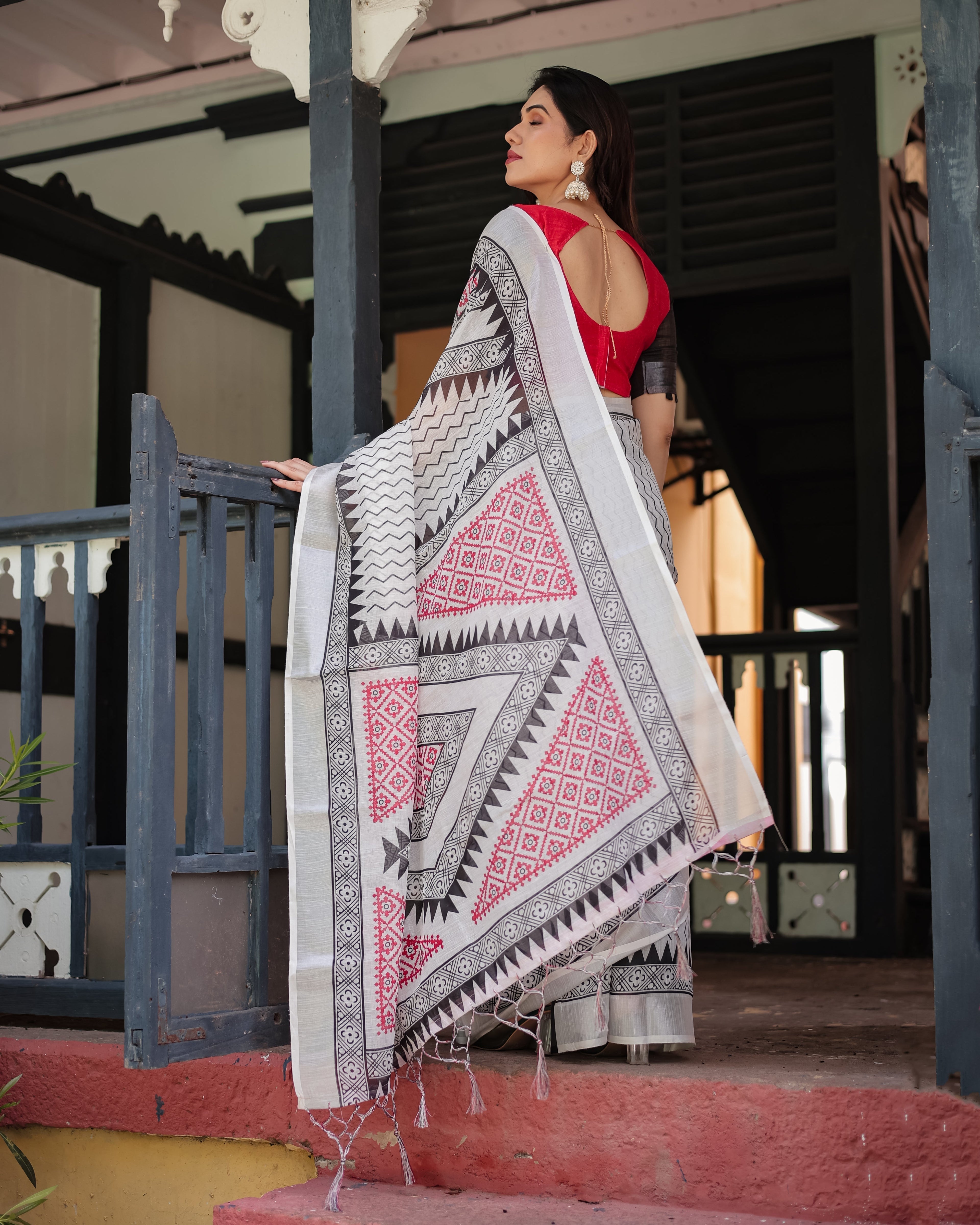 Black and White Geometric Pattern Pure Cotton Linen Saree with Red Accents, Blouse, and Tassel Details LINEN