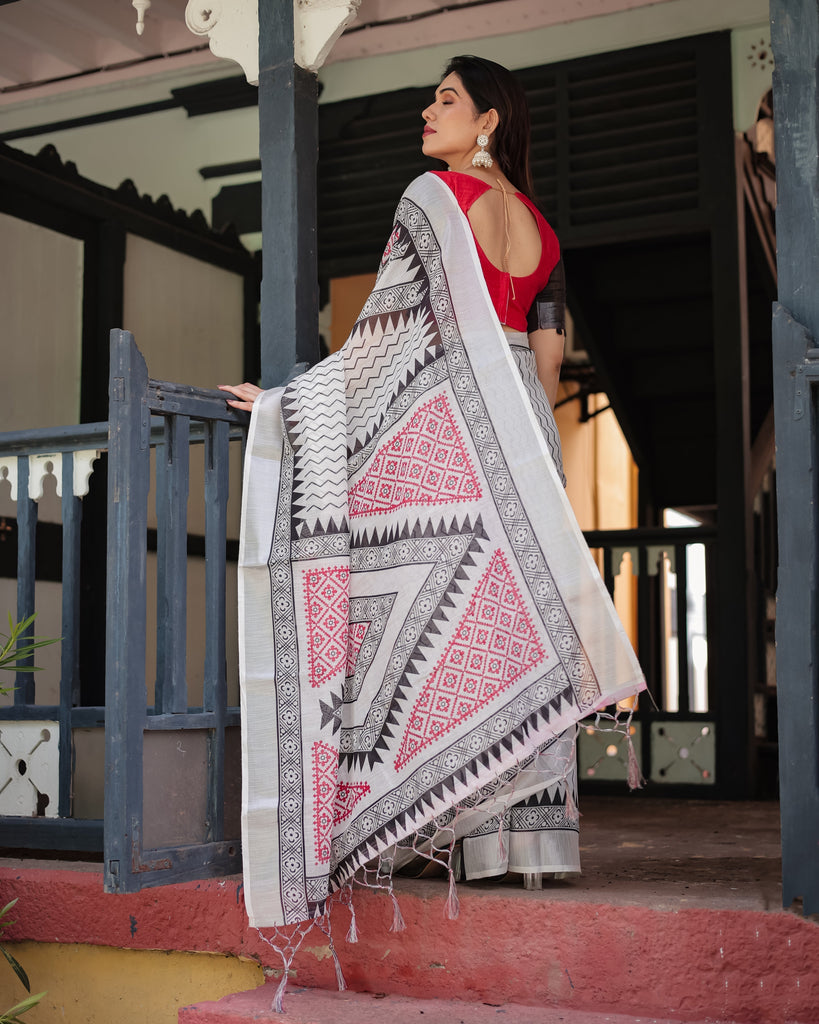 Black and White Geometric Pattern Pure Cotton Linen Saree with Red Accents, Blouse, and Tassel Details LINEN