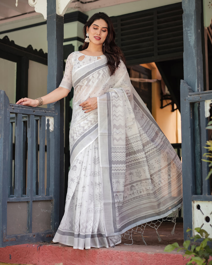 Elegant Pure Cotton Linen Saree with Intricate Grey and White Pattern, Complete with Blouse and Tassels LINEN