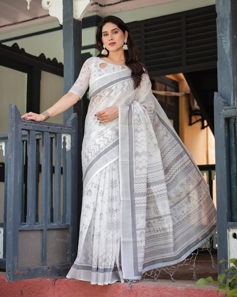 Elegant Pure Cotton Linen Saree with Intricate Grey and White Pattern, Complete with Blouse and Tassels LINEN