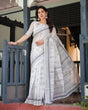 Load image into Gallery viewer, Elegant Pure Cotton Linen Saree with Intricate Grey and White Pattern, Complete with Blouse and Tassels LINEN