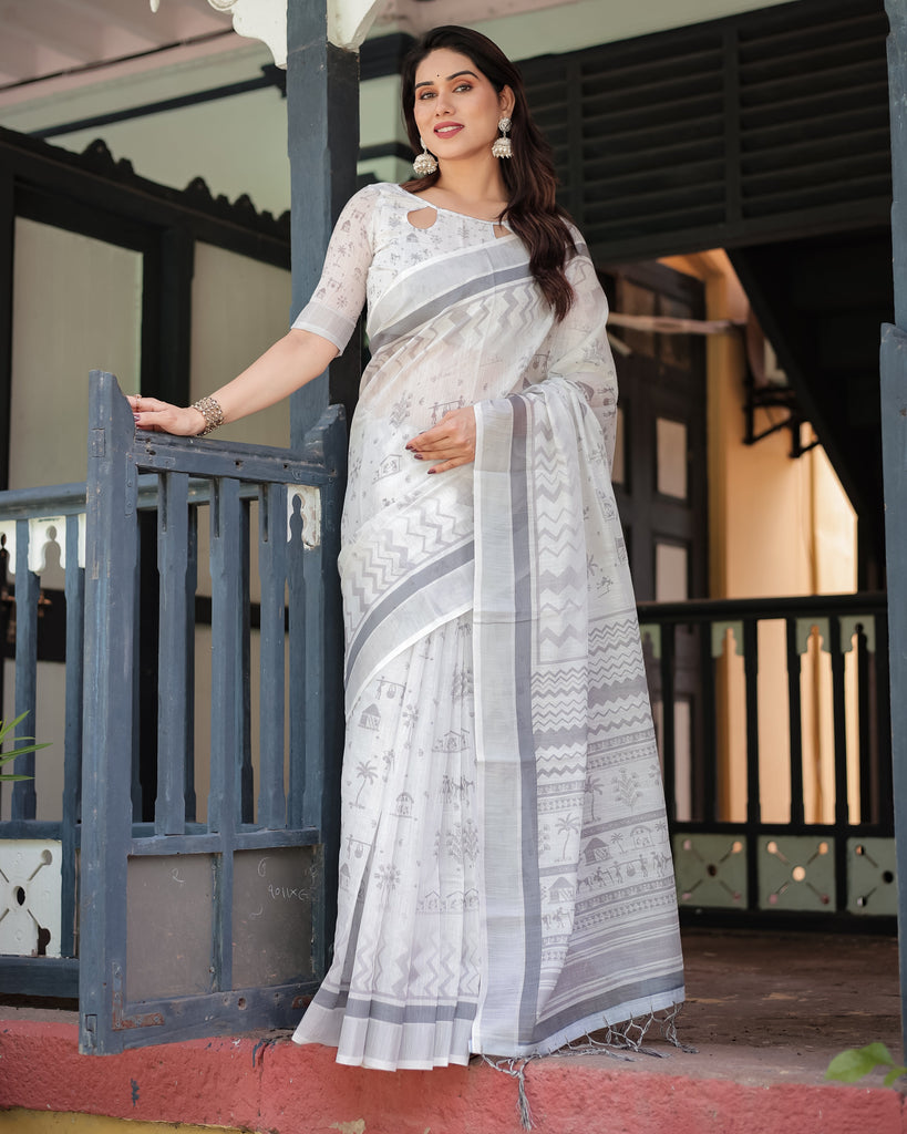 Elegant Pure Cotton Linen Saree with Intricate Grey and White Pattern, Complete with Blouse and Tassels LINEN