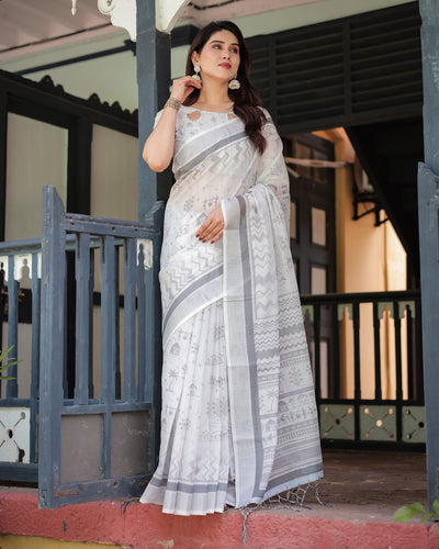 Elegant Pure Cotton Linen Saree with Intricate Grey and White Pattern, Complete with Blouse and Tassels LINEN