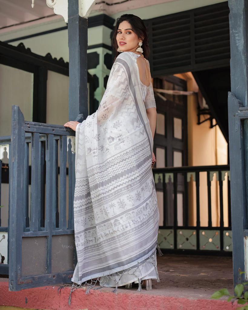 Elegant Pure Cotton Linen Saree with Intricate Grey and White Pattern, Complete with Blouse and Tassels LINEN