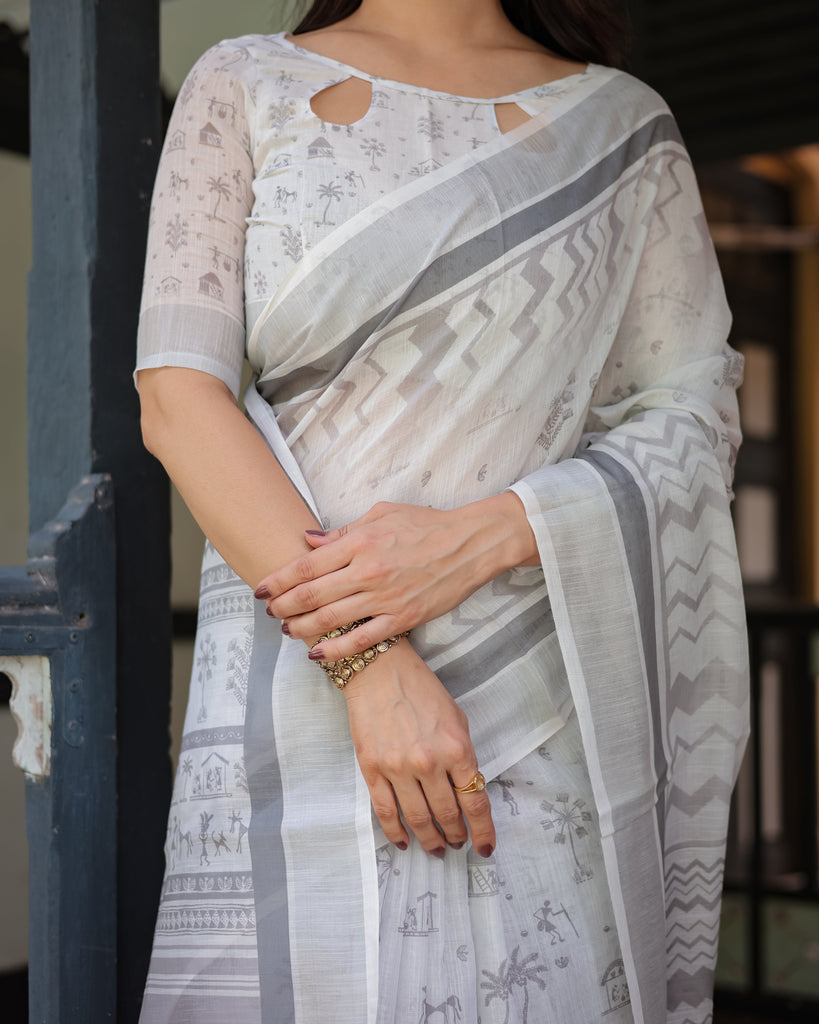 Elegant Pure Cotton Linen Saree with Intricate Grey and White Pattern, Complete with Blouse and Tassels LINEN