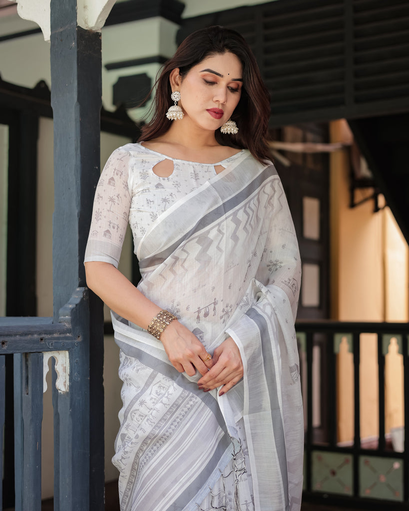 Elegant Pure Cotton Linen Saree with Intricate Grey and White Pattern, Complete with Blouse and Tassels LINEN