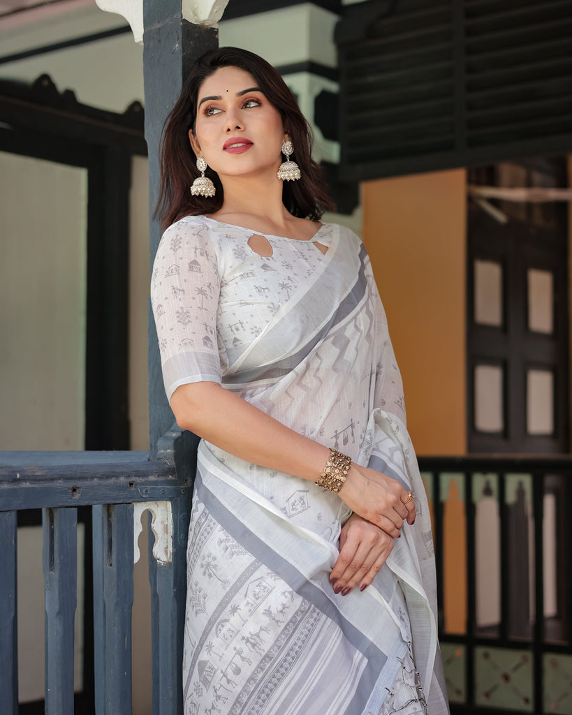 Elegant Pure Cotton Linen Saree with Intricate Grey and White Pattern, Complete with Blouse and Tassels LINEN