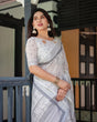 Load image into Gallery viewer, Elegant Pure Cotton Linen Saree with Intricate Grey and White Pattern, Complete with Blouse and Tassels LINEN