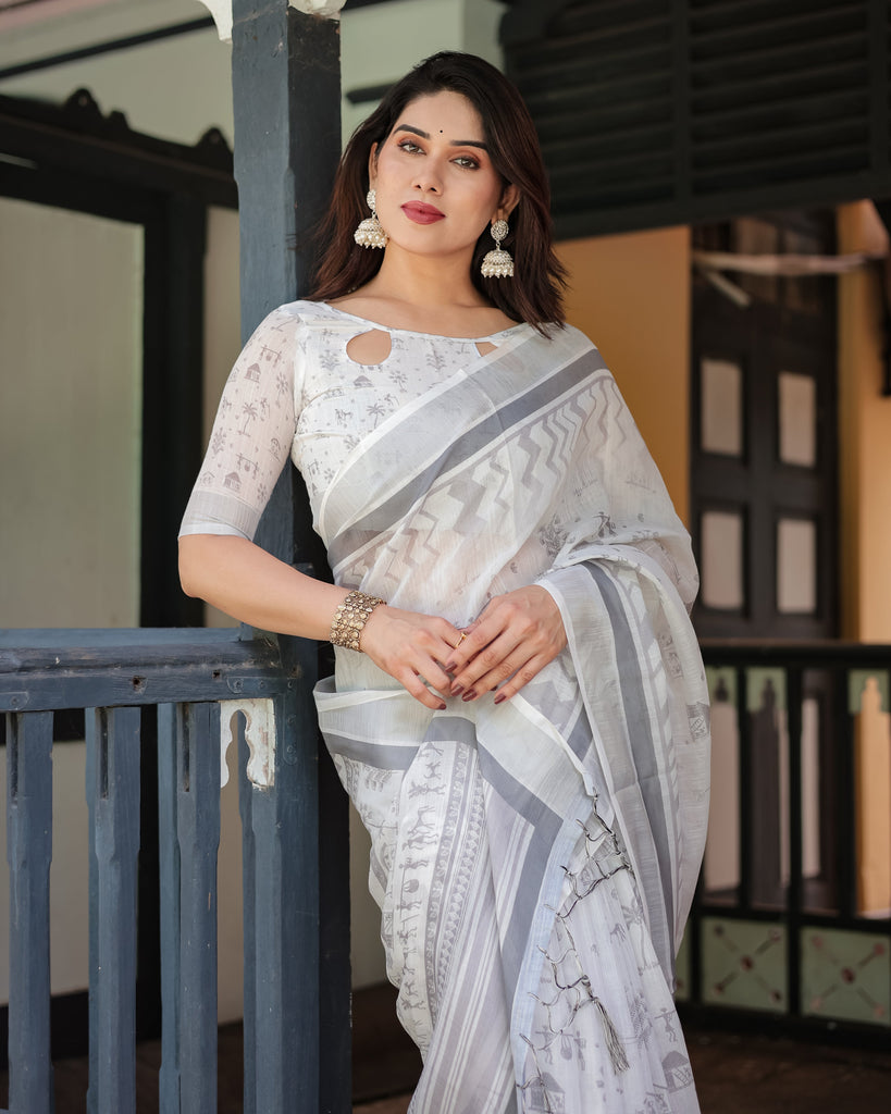 Elegant Pure Cotton Linen Saree with Intricate Grey and White Pattern, Complete with Blouse and Tassels LINEN