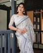 Load image into Gallery viewer, Elegant Pure Cotton Linen Saree with Intricate Grey and White Pattern, Complete with Blouse and Tassels LINEN