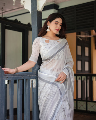 Elegant Pure Cotton Linen Saree with Intricate Grey and White Pattern, Complete with Blouse and Tassels LINEN