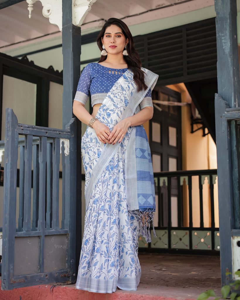 Blue and White Floral Pure Cotton Linen Saree with Blouse and Tassels LINEN