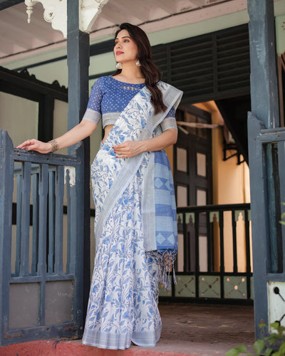 Blue and White Floral Pure Cotton Linen Saree with Blouse and Tassels LINEN