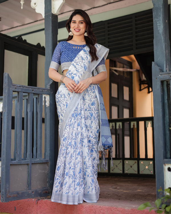 Blue and White Floral Pure Cotton Linen Saree with Blouse and Tassels LINEN
