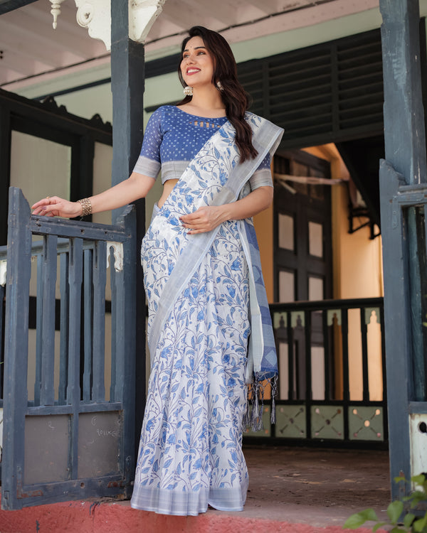 Blue and White Floral Pure Cotton Linen Saree with Blouse and Tassels LINEN