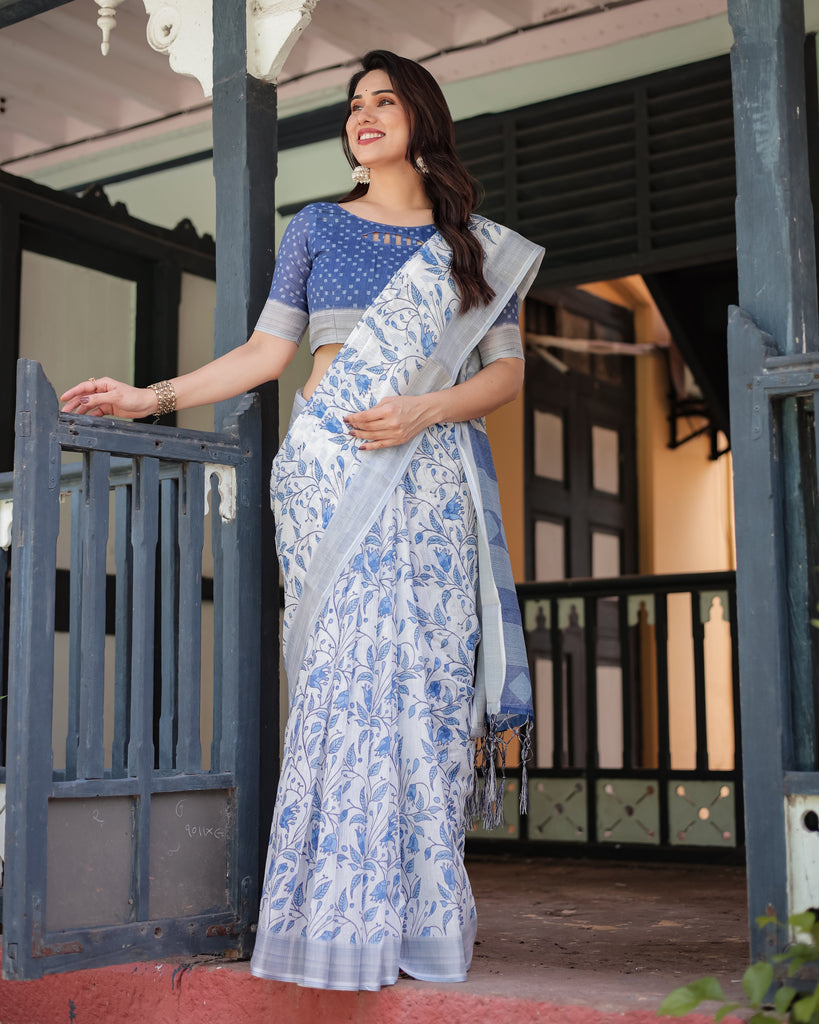 Blue and White Floral Pure Cotton Linen Saree with Blouse and Tassels LINEN