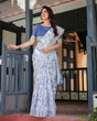 Load image into Gallery viewer, Blue and White Floral Pure Cotton Linen Saree with Blouse and Tassels LINEN