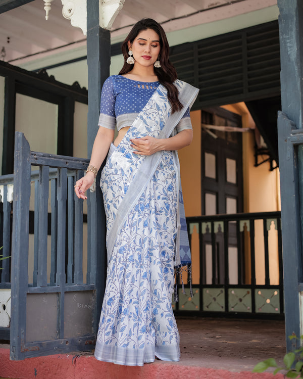Blue and White Floral Pure Cotton Linen Saree with Blouse and Tassels LINEN