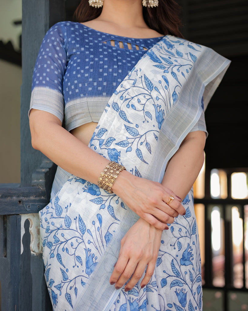 Blue and White Floral Pure Cotton Linen Saree with Blouse and Tassels LINEN