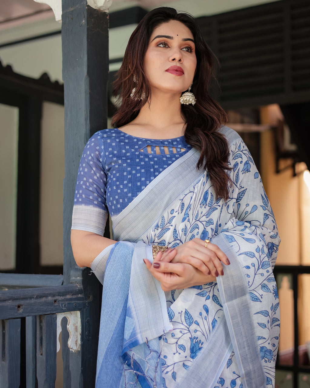Blue and White Floral Pure Cotton Linen Saree with Blouse and Tassels LINEN