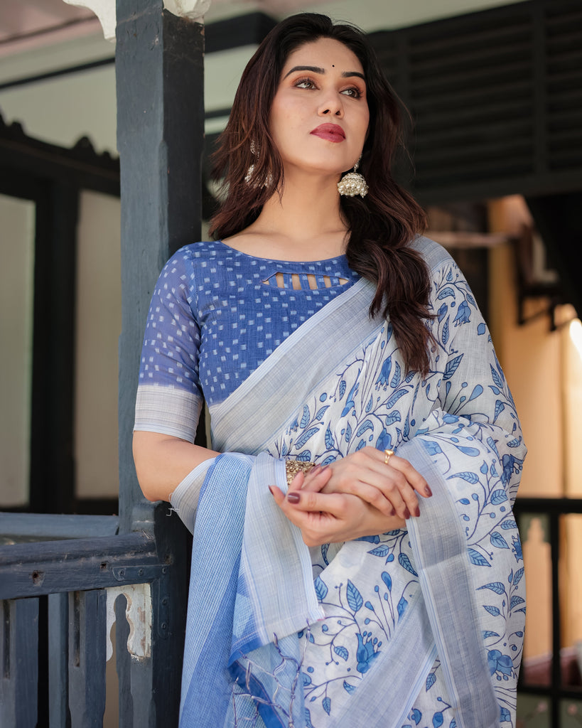 Blue and White Floral Pure Cotton Linen Saree with Blouse and Tassels LINEN