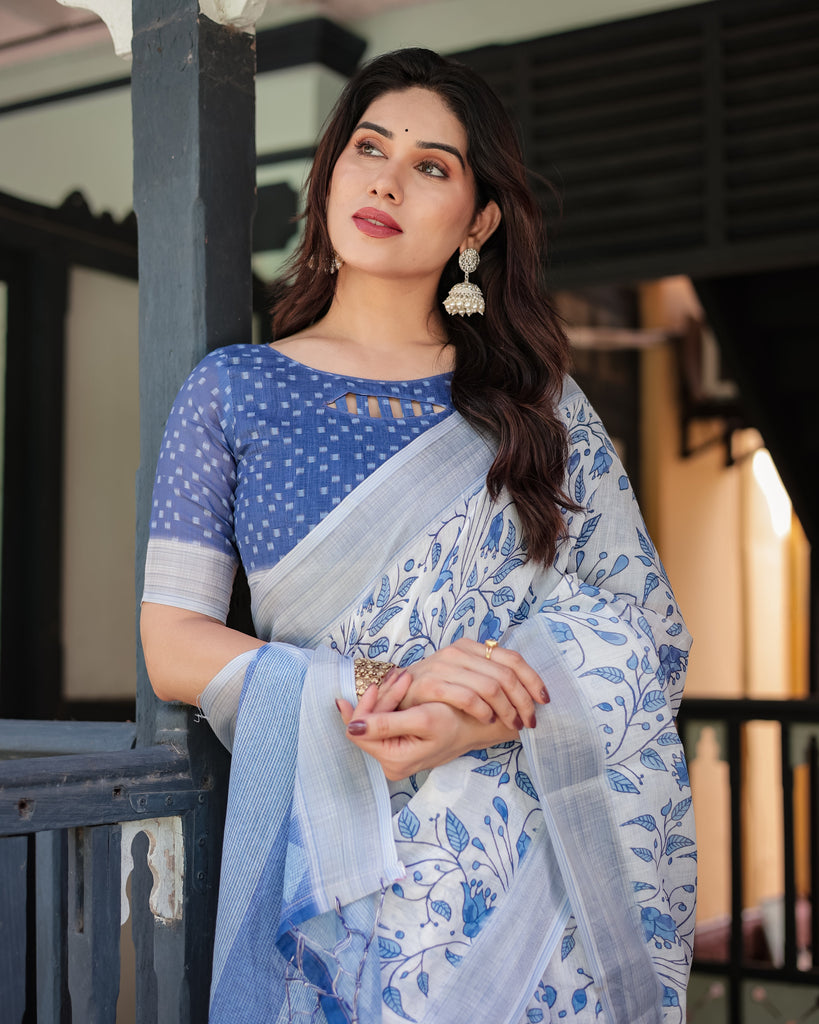 Blue and White Floral Pure Cotton Linen Saree with Blouse and Tassels LINEN