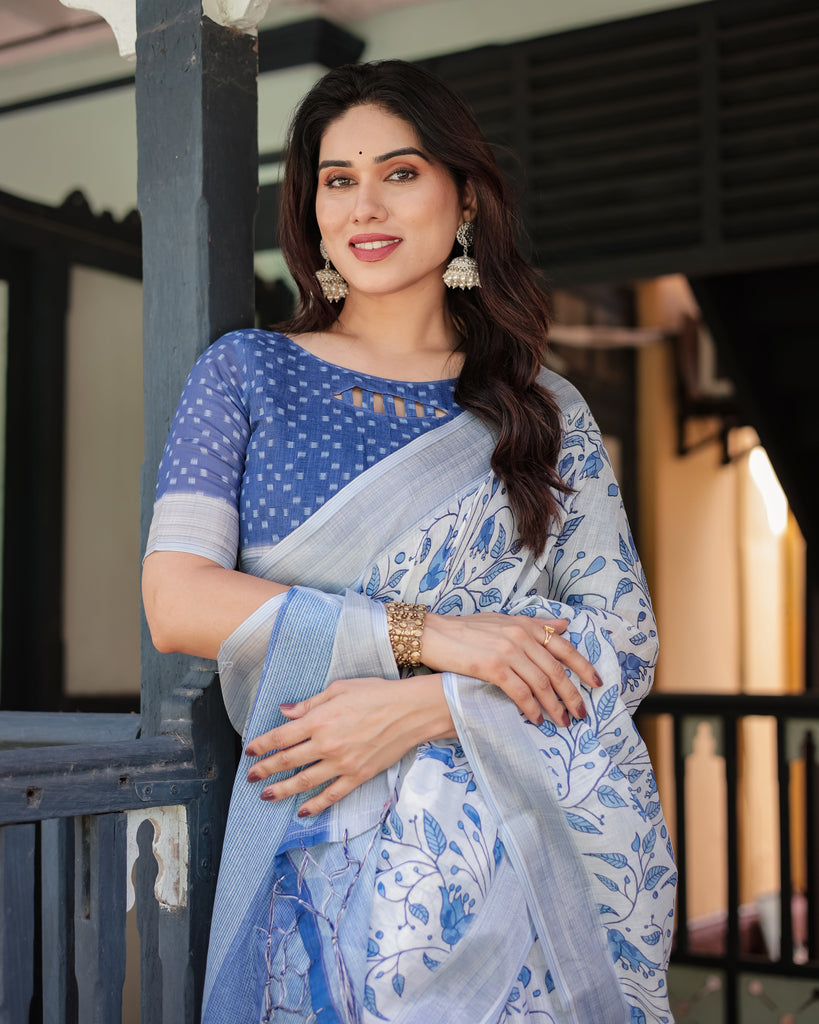 Blue and White Floral Pure Cotton Linen Saree with Blouse and Tassels LINEN