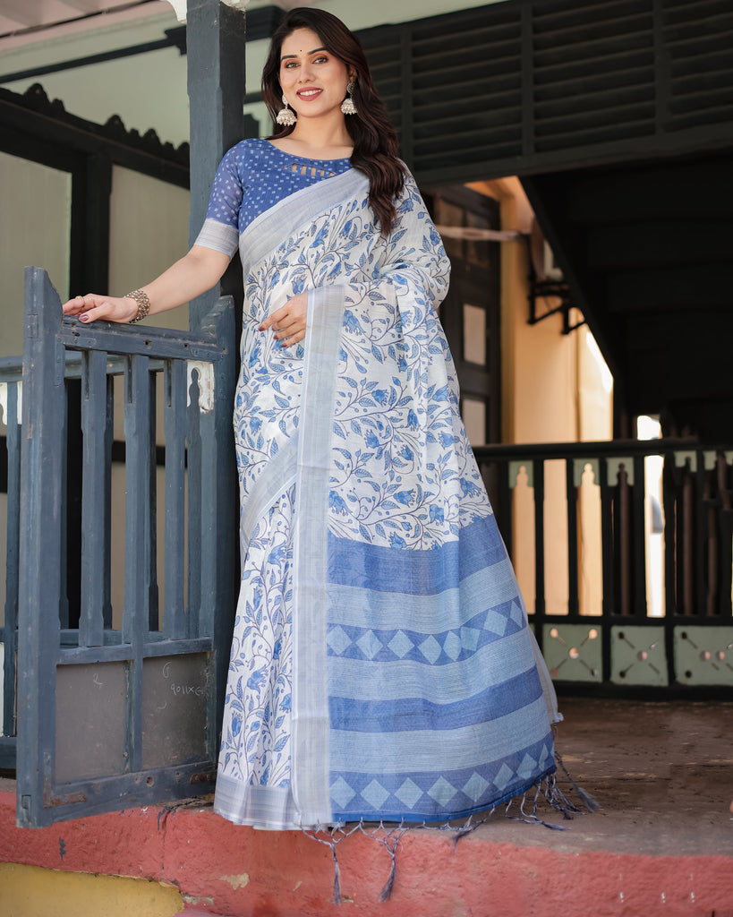 Blue and White Floral Pure Cotton Linen Saree with Blouse and Tassels LINEN