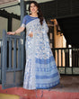 Load image into Gallery viewer, Blue and White Floral Pure Cotton Linen Saree with Blouse and Tassels LINEN