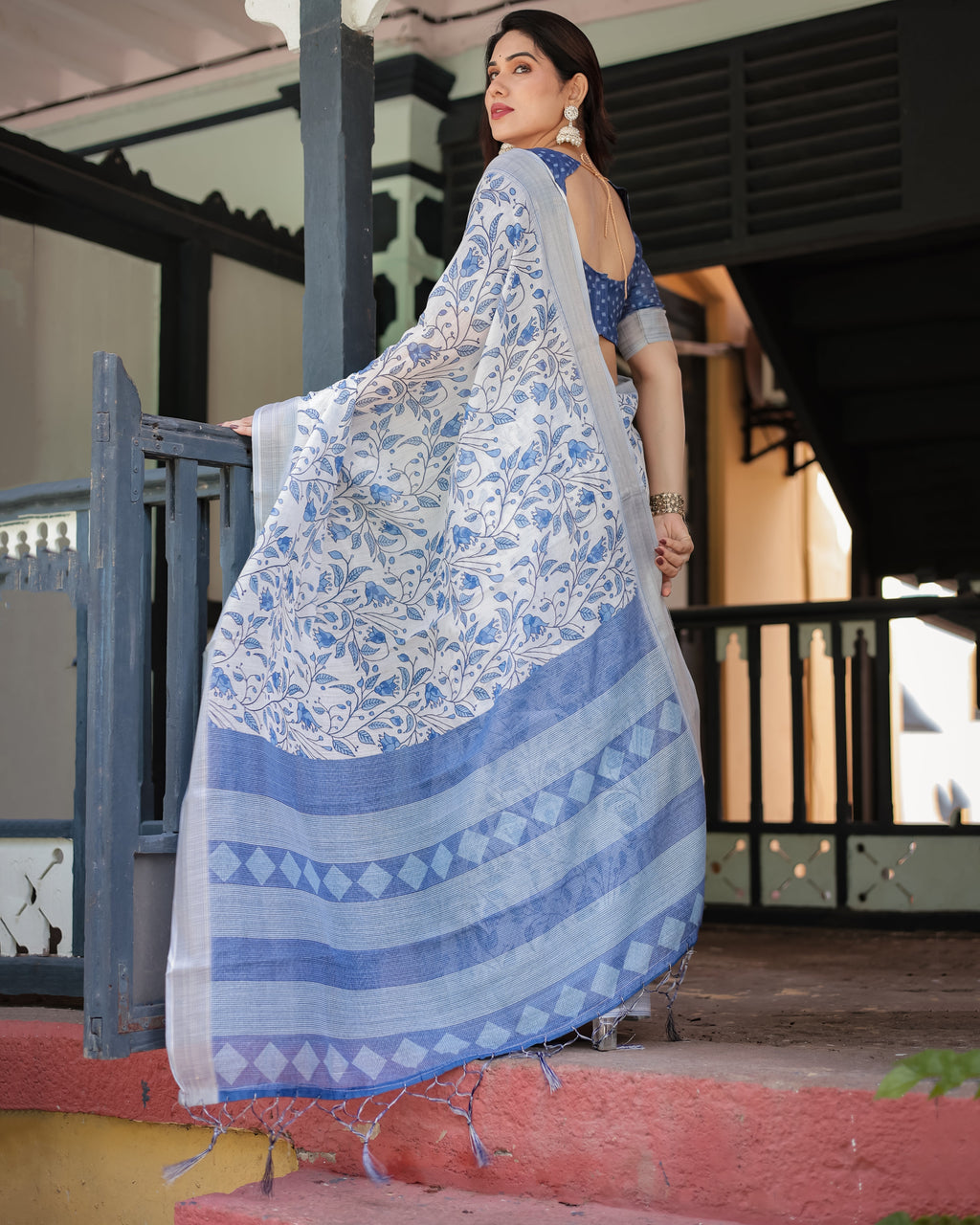 Blue and White Floral Pure Cotton Linen Saree with Blouse and Tassels LINEN