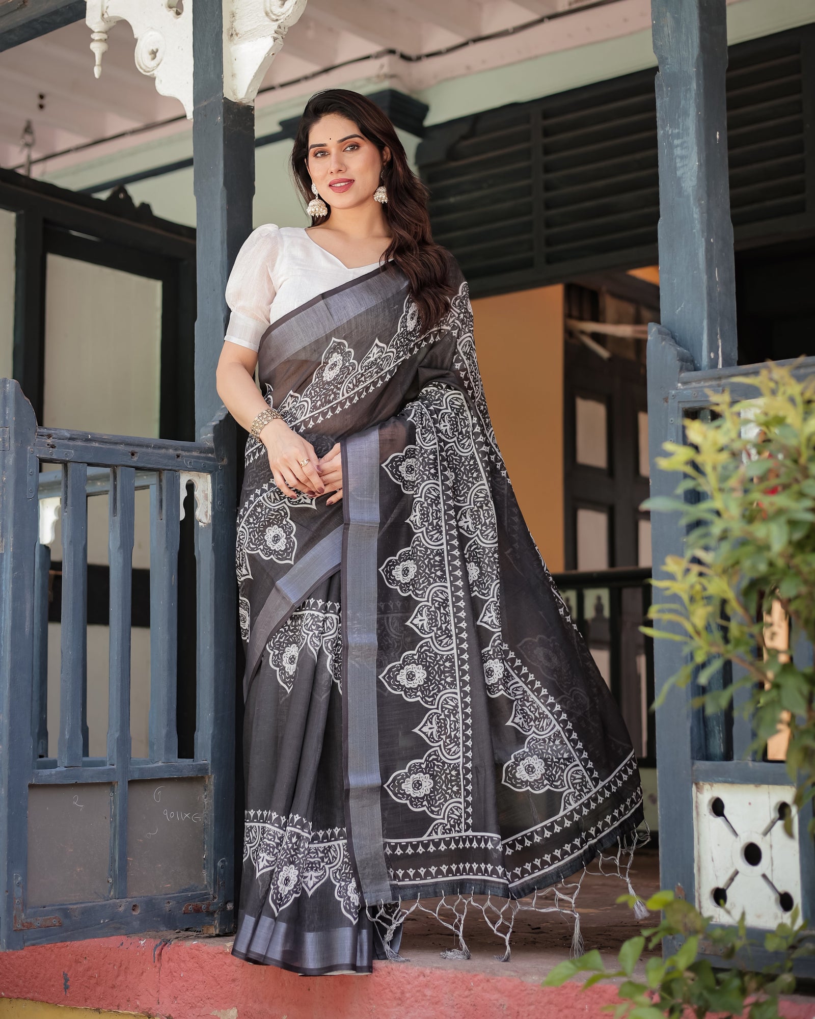 Black and White Pure Cotton Linen Saree with Intricate Floral Design and Tassels on Edges LINEN